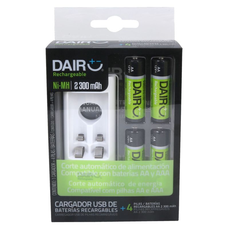 DAIRU - Cargador USB + Pilas Recargables AA x 4 Unidades