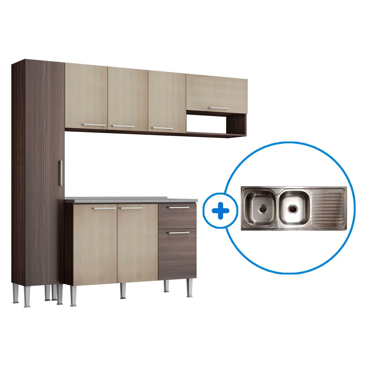  - Cocina Pietra 225x52x200cm + Lavadero 2 Pozas con Escurridero Viena 120x50cm