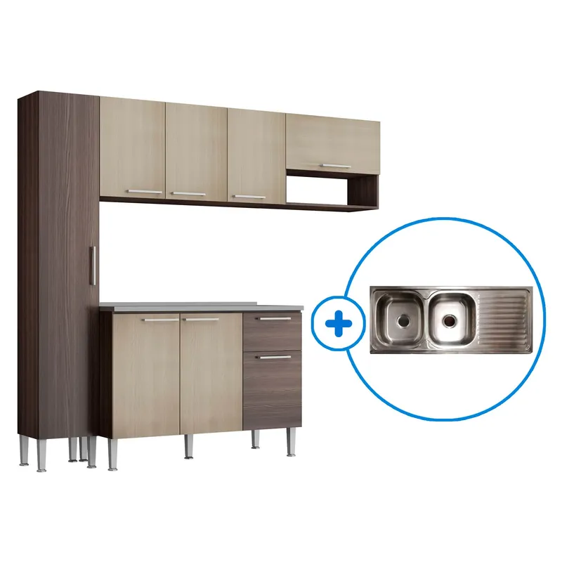  - Cocina Pietra 225x52x200cm + Lavadero 2 Pozas con Escurridero Viena 120x50cm