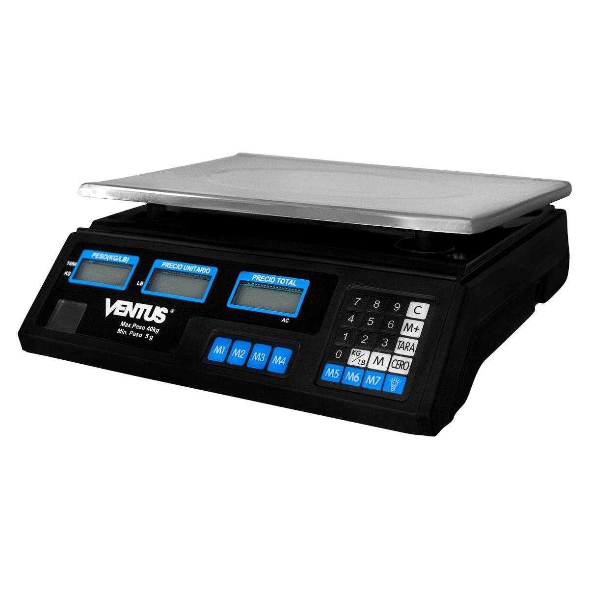 VENTUS - Balanza digital para un máximo de 40 Kg. Portátil. Cuenta con 7 memorias programables. Pantalla con visor en ambos lados. Fácil de usar. Funcionamiento con batería recargable. Bandeja de acero inoxidable. Graduación mínima de 5g. Indicador de nivel.