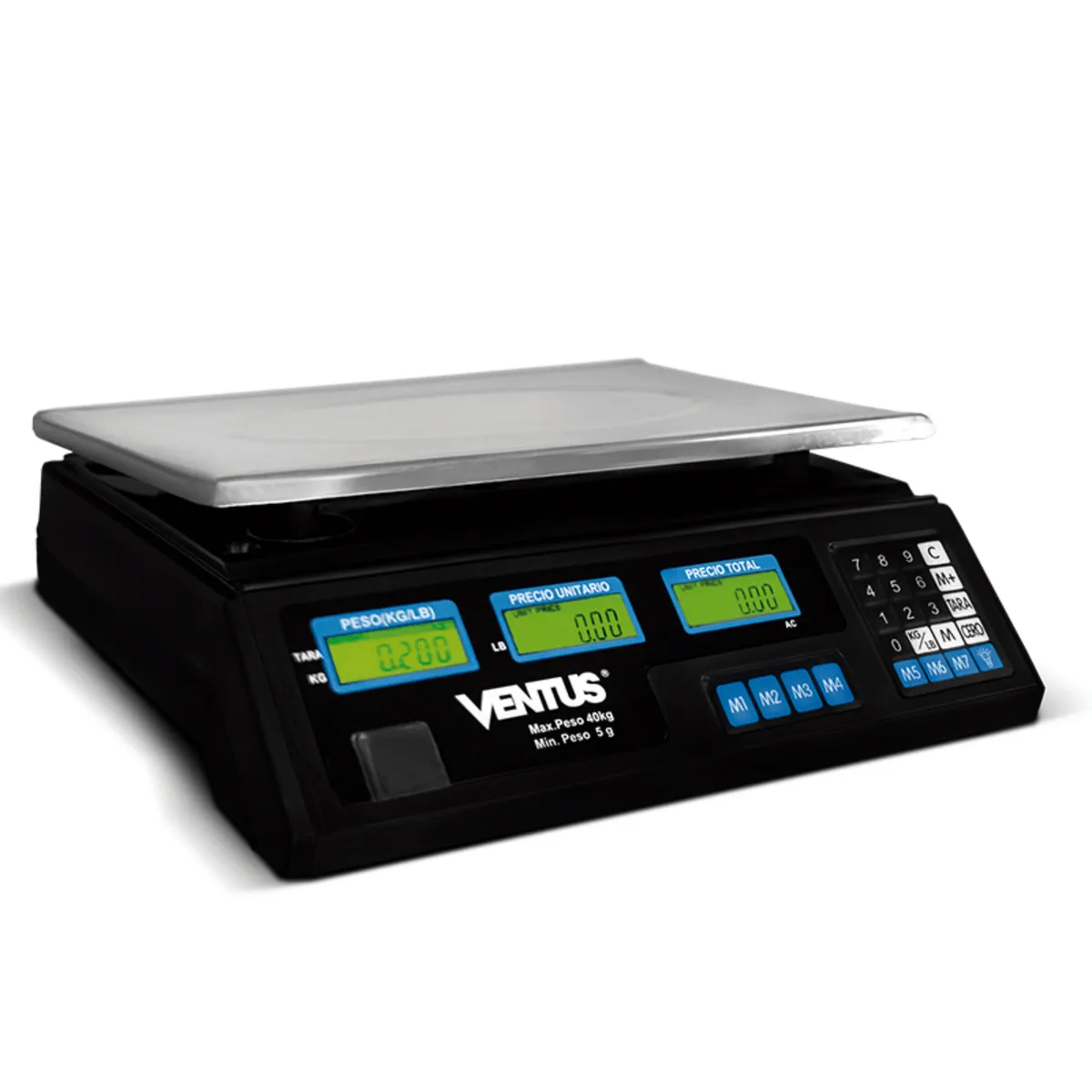 VENTUS - Balanza digital para un máximo de 40 Kg. Portátil. Cuenta con 7 memorias programables. Pantalla con visor en ambos lados. Fácil de usar. Funcionamiento con batería recargable. Bandeja de acero inoxidable. Graduación mínima de 5g. Indicador de nivel.