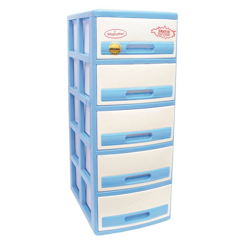 MAGICPLAST - Cómoda Cabinet Plástica 5 Cajones Celeste y Marmol