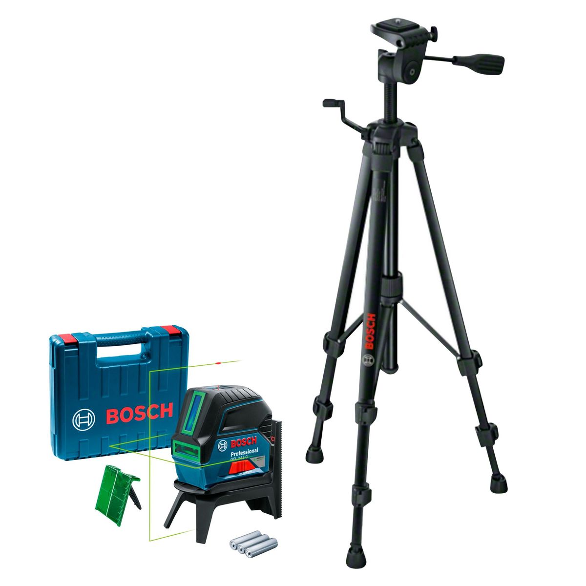 BOSCH - Nivel Láser Verde 15m con Puntos de Plomada GCL 2-15 G + Placa +Soporte +Maletín Bosch + Trípode Para Nivel 1.5m BT 150 Bosch