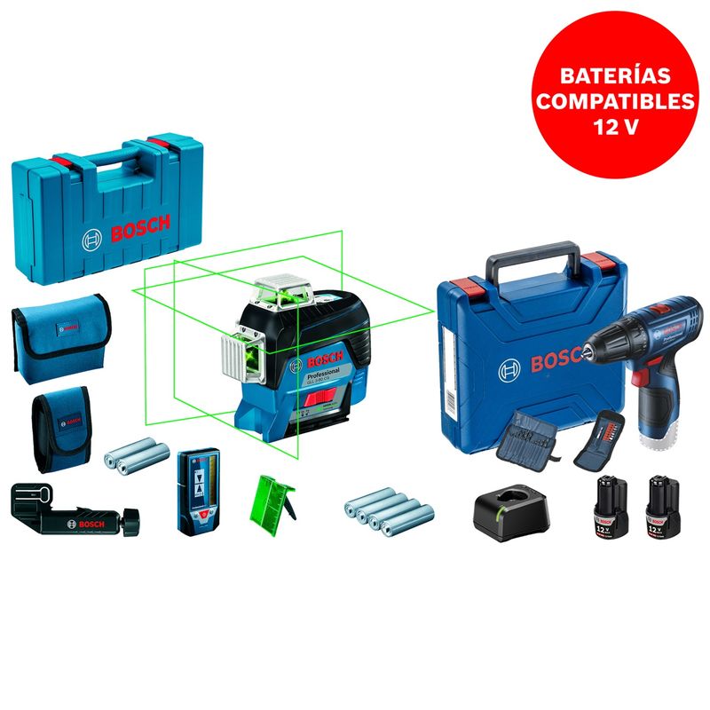 BOSCH - Nivel Láser 3 Líneas Verde Bosch 360° GLL 3-80 CG + Receptor LR7 + Set Taladro Atornillador Inalámbrico Bosch 3/8" 12V GSR 120-LI