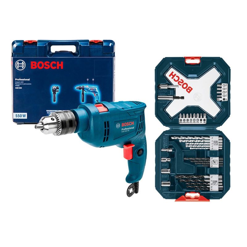BOSCH - Taladro Percutor  Bosch GSB 550 RE-550W + Set de accesorios Bosch 34 unidades + Maletín