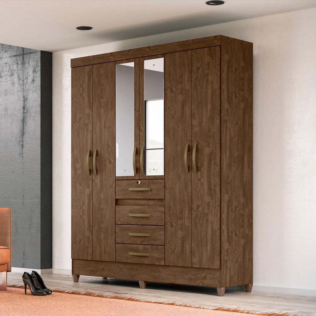 MOVAL - Ropero 6 Puertas 4 Cajones con Espejo Laguna Castaño