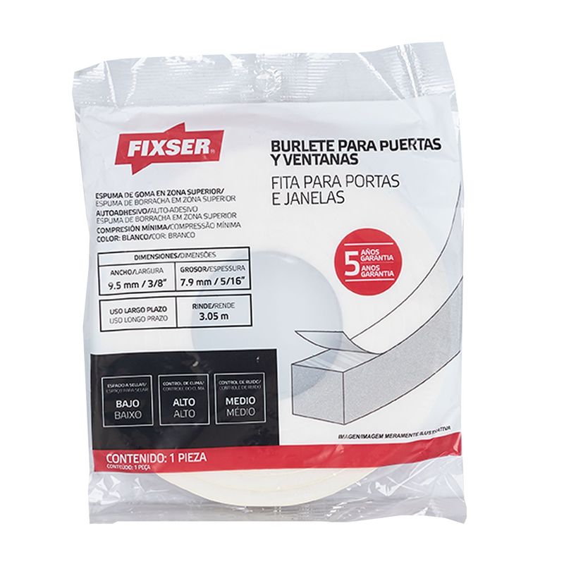 FIXSER - Burlete Adhesivo de Goma Adhesivo 3/8-5/16-3 m. Blanco