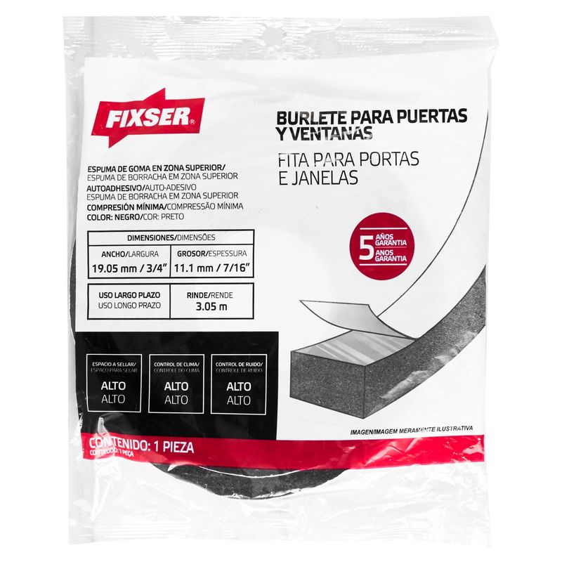 FIXSER - Burlete Adhesivo de Goma Adhesivo 3/4-7/16-3 m. Negro