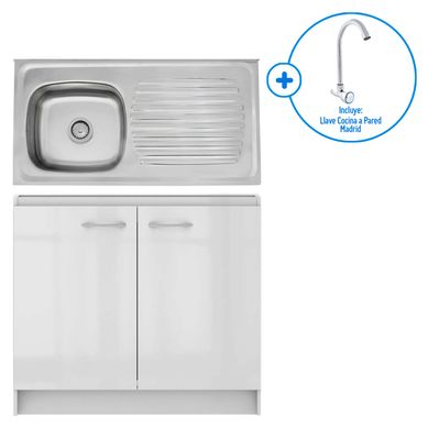 Kit Mueble Base 100cm Blanco Madesa + Lavadero 1 Poza Escurridero Neo Plus 100x50cm Record + Llave Cocina a Pared Madrid Sensi