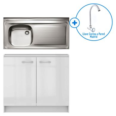 Kit Mueble Base 100cm Blanco + Lavadero Teka Acero Inoxidable 100x50 + Llave Cocina a Pared Madrid