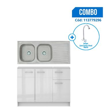 Kit Mueble Base 120cm sin Lavatorio Blanco Madesa + Lavadero 2 Poza Escurridero Viena 120x50cm Record + Llave Cocina a Pared Madrid Sensi