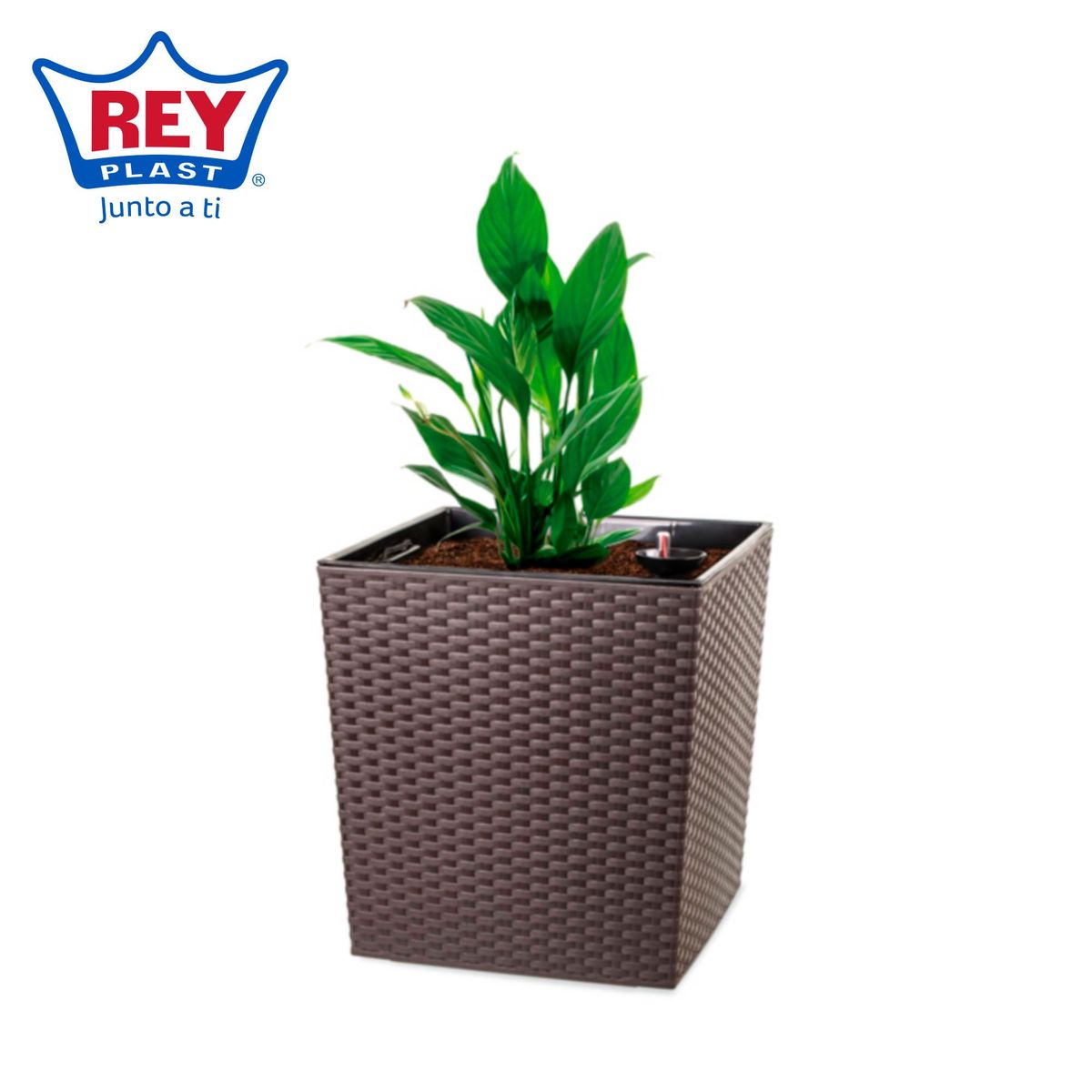 REYPLAST - Maceta de ratán 40 cm marrón con sistema de riego
