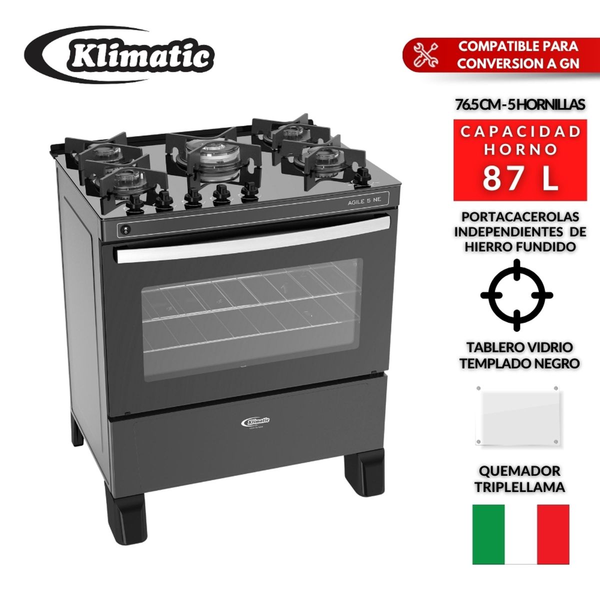 KLIMATIC - Cocina Klimatic a Gas 5 Hornillas Agile Negro