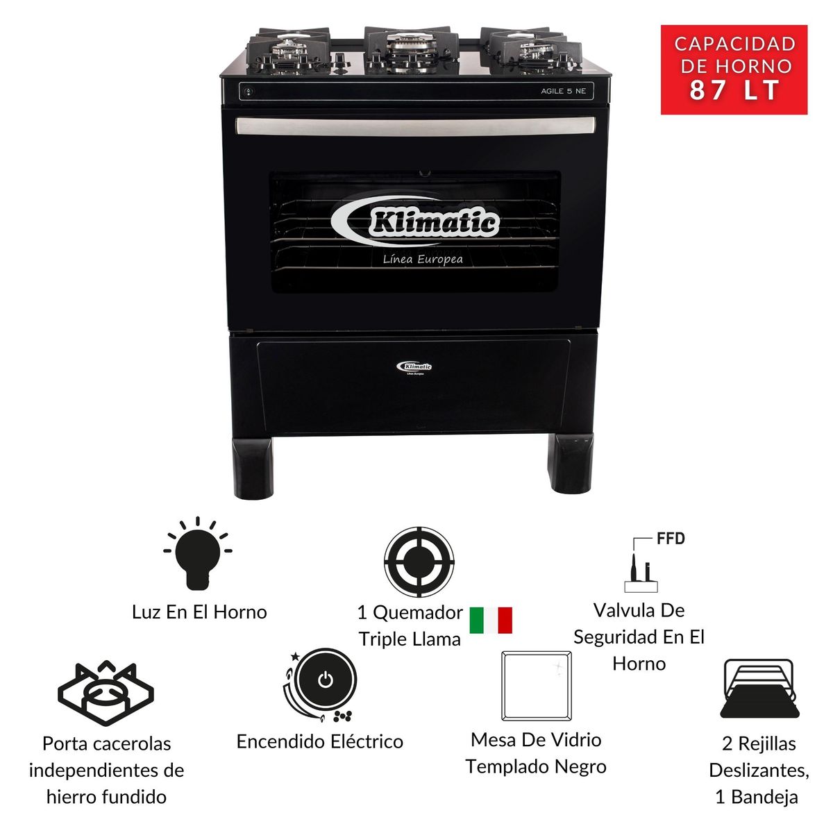 KLIMATIC - Cocina Klimatic a Gas 5 Hornillas Agile Negro