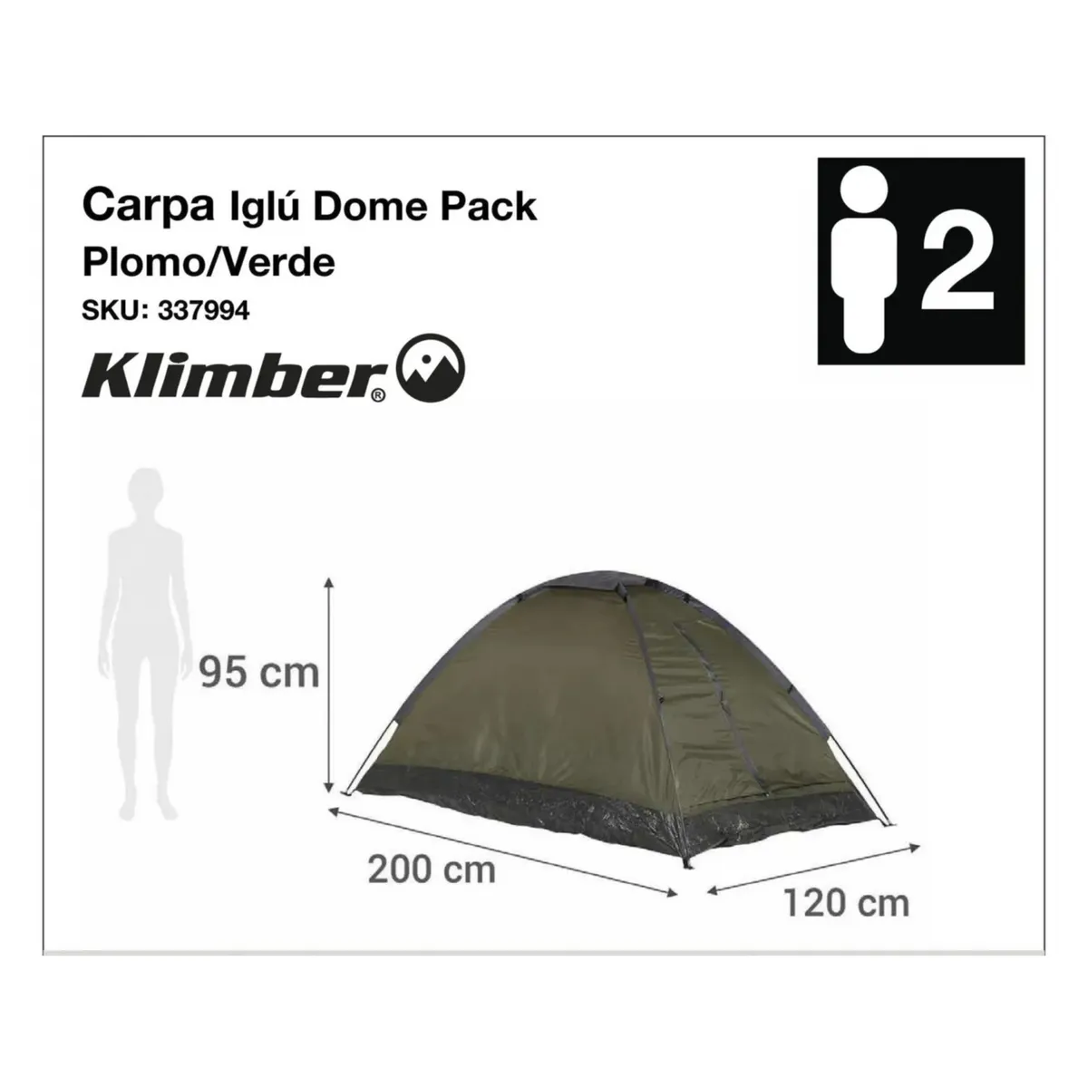 KLIMBER - Carpa Para 2 Personas Modelo Iglú Dome Pack Color Gris/Verde