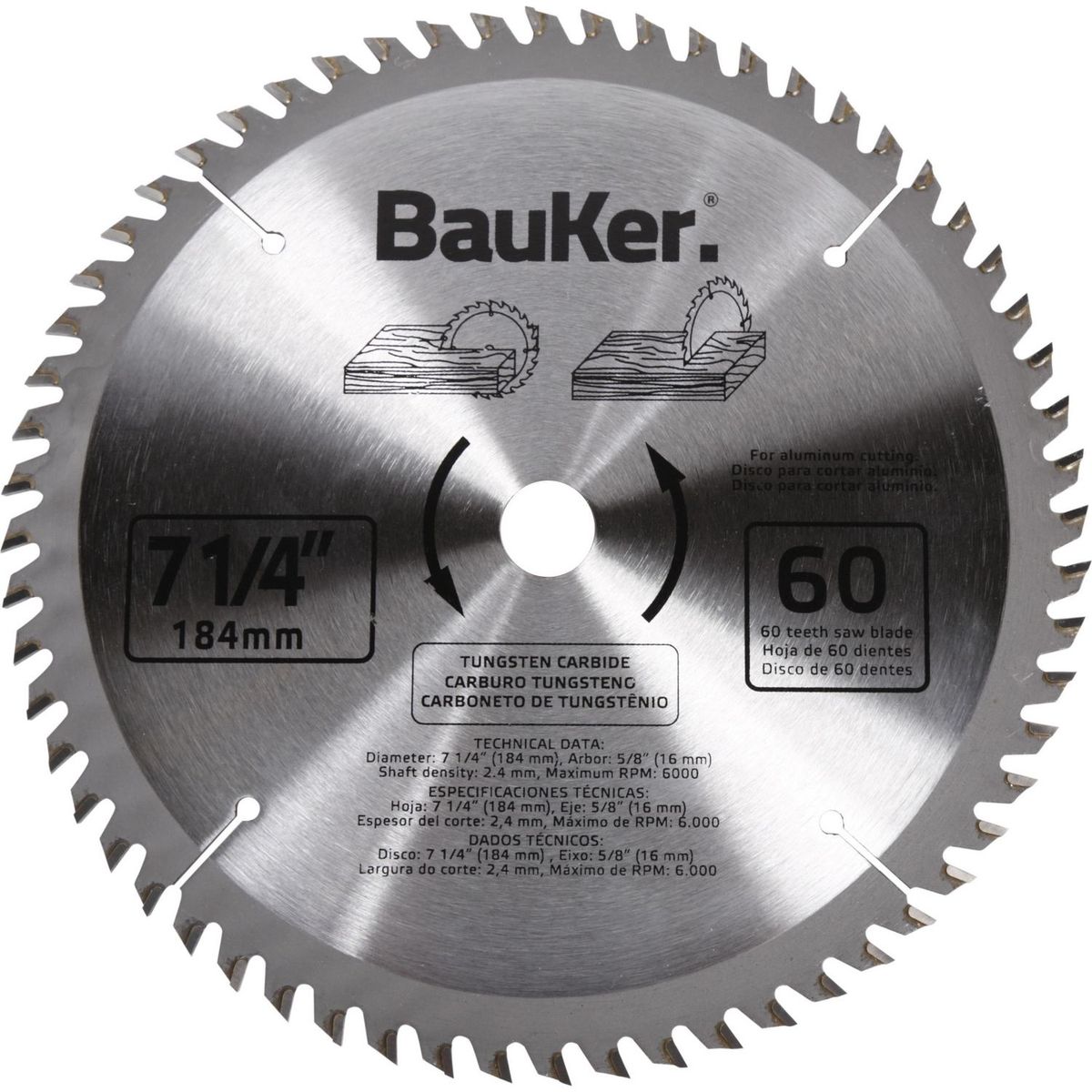 BAUKER - Hoja De Sierra para Madera 71/4 60D Aluminio
