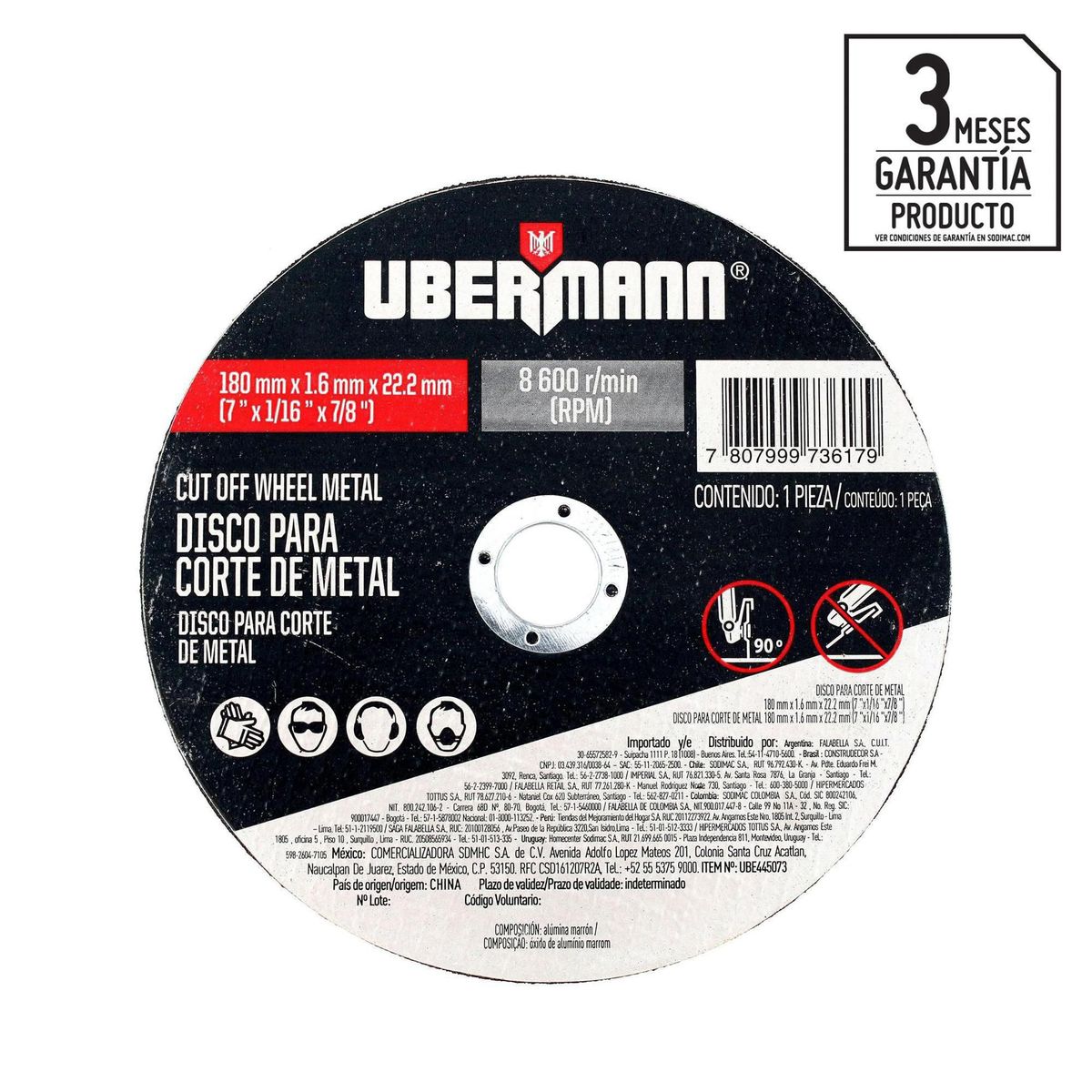 UBERMANN - Disco para Corte de Metal 7''x1/16''