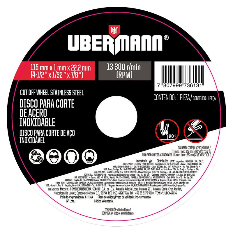 UBERMANN - Disco para Corte de Acero Inoxidable 4 1/2''x1/32''