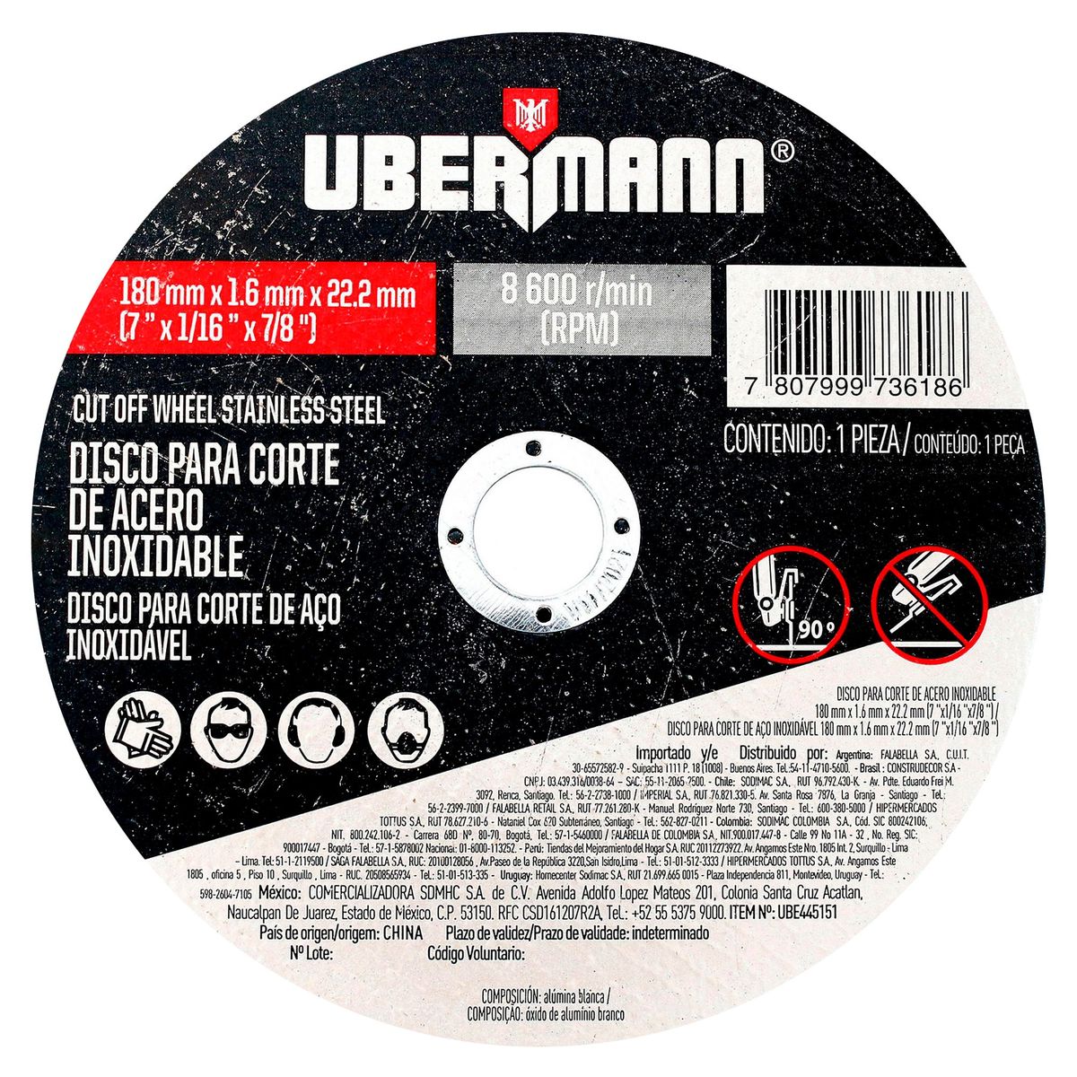UBERMANN - Disco para Corte de Acero Inoxidable 7''x1/16''