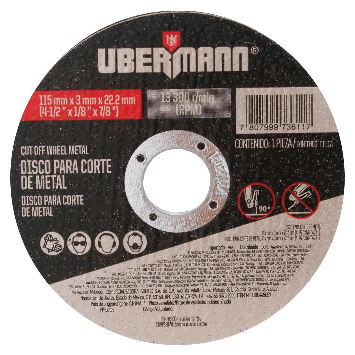 UBERMANN - Disco para Corte de Metal 4 1/2''x1/8''