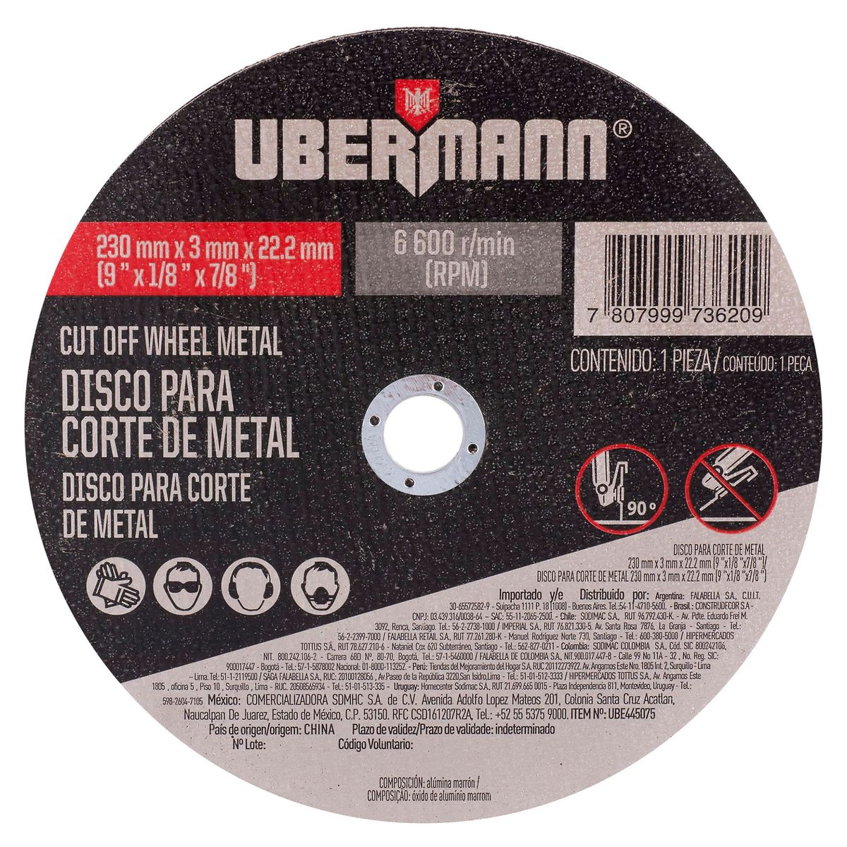 UBERMANN - Disco para Corte de Metal 9''x1/8''