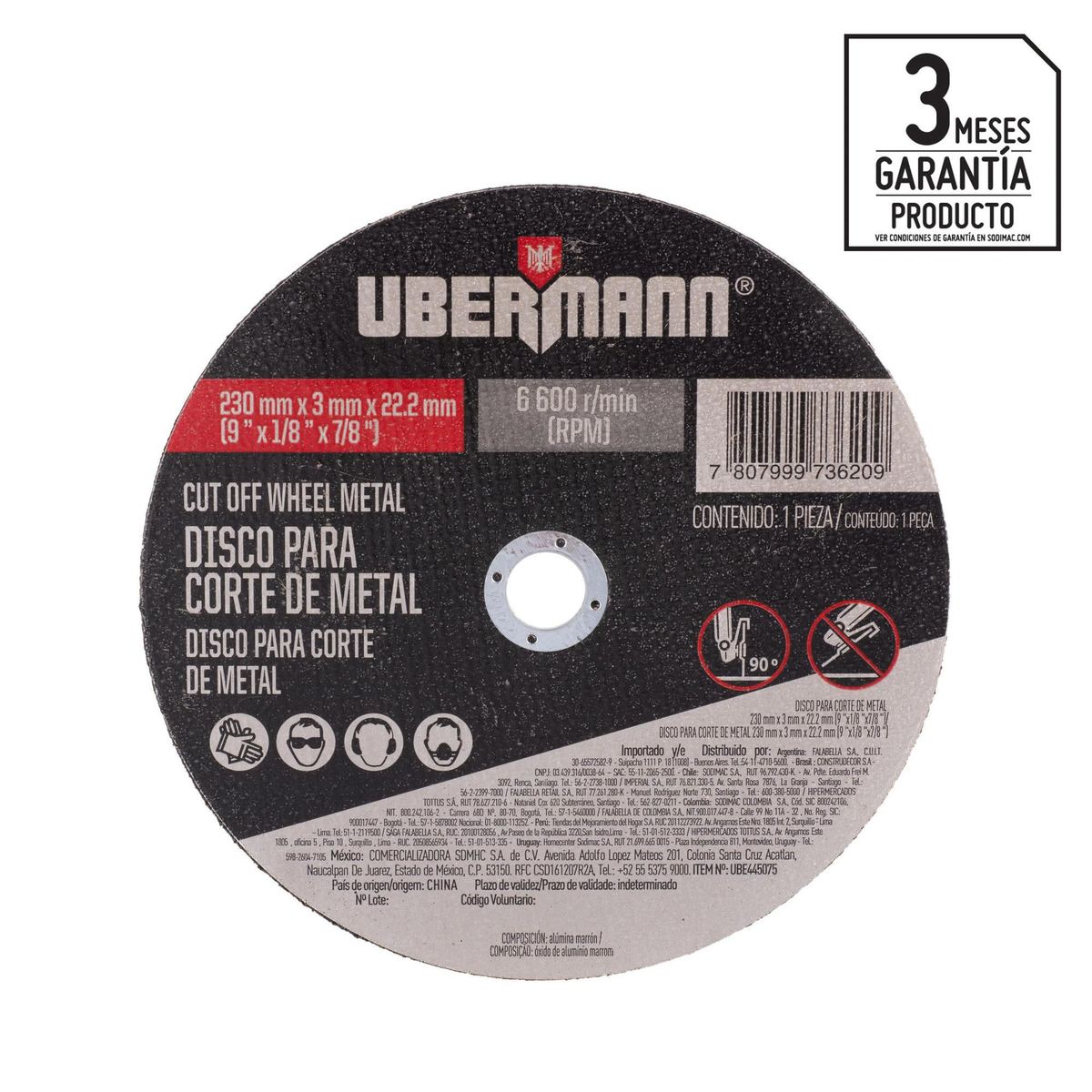 UBERMANN - Disco para Corte de Metal 9''x1/8''