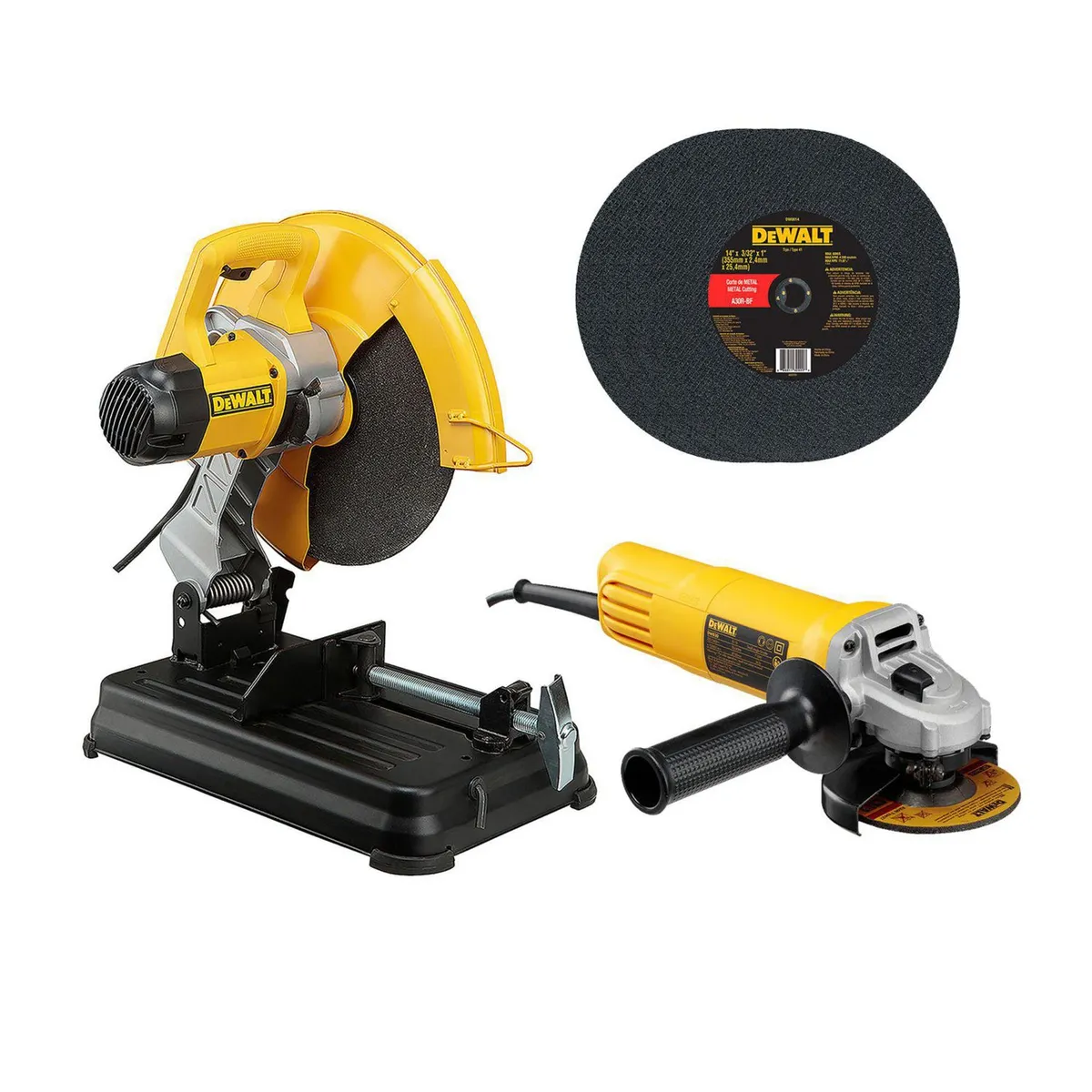 DEWALT - Tronzadora de Metales Eléctrica Dewalt 14" 2300W + Esmeril Angular Dewalt 4-1/2" 750W + 5 Discos D28730