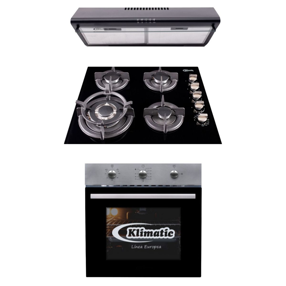KLIMATIC - Tricombo Klimatic Cocina Empotrable 4 Hornillas Gia + Campana Lineal 60cm CK601NE/M + Horno a Gas 60 Lt Lubeck BC