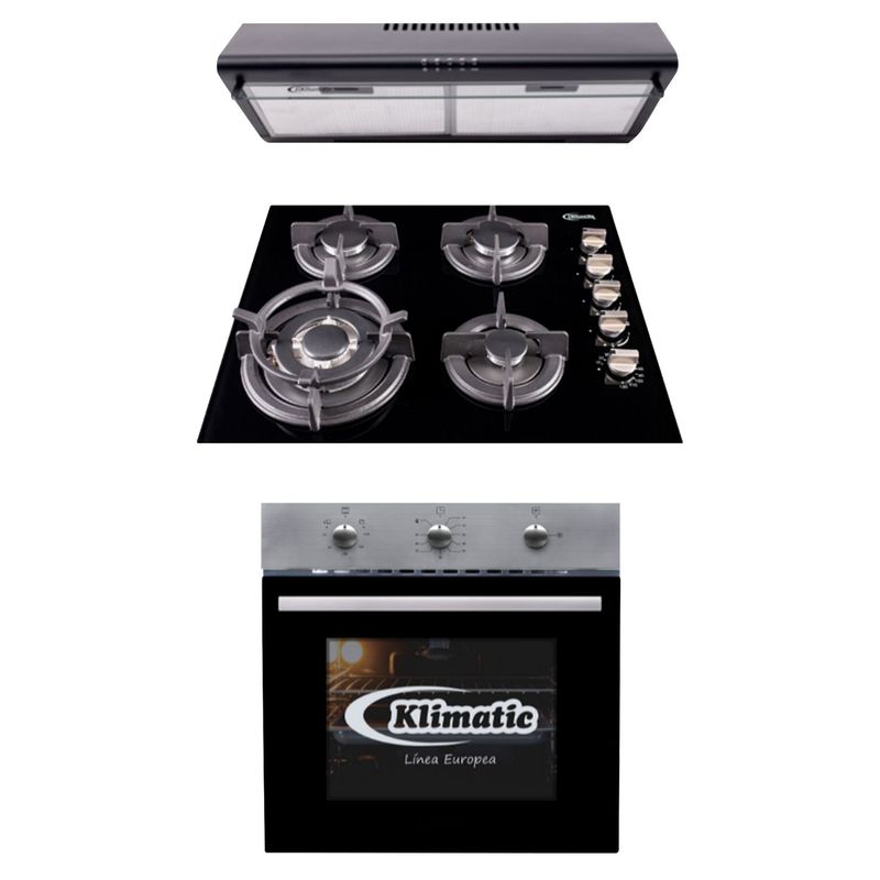 KLIMATIC - Tricombo Cocina Empotrable  Gia + Campana Extractora CK601NE/M + Horno a Gas 65L Lubeck BC