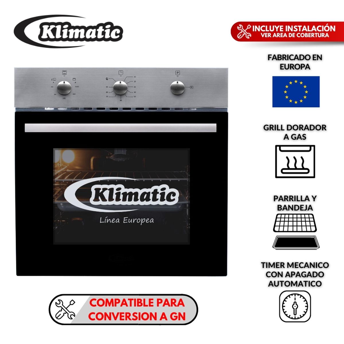 KLIMATIC - Tricombo Klimatic Cocina Empotrable 4 Hornillas Gia + Campana Decorativa 60cm Venezia IX + Horno a Gas 60 Lt Lubeck BC