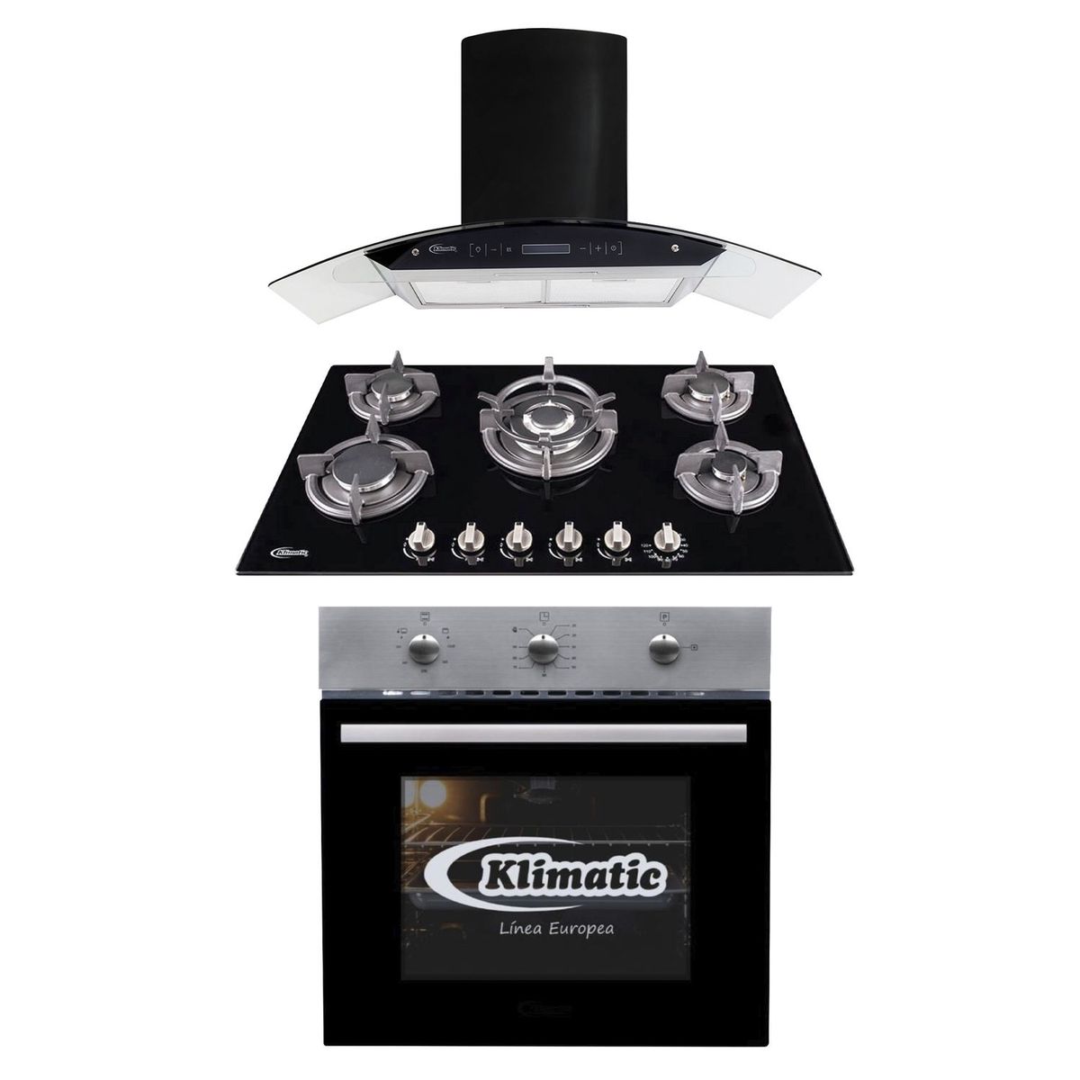 KLIMATIC - Tricombo Klimatic Cocina Empotrable 5 Hornillas Gina X + Campana Decorativa 90cm Venezia Black + Horno a Gas 60 Lt Lubeck BC