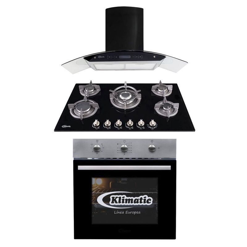 KLIMATIC - Tricombo Cocina Empotrable Gina X + Campana Decorativa Venezia Black + Horno a Gas Lubeck-BC