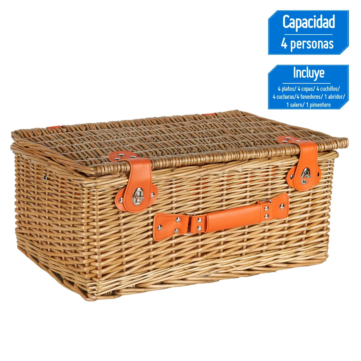 KLIMBER - Canasto picnic 4 personas Naranja y 23 piezas