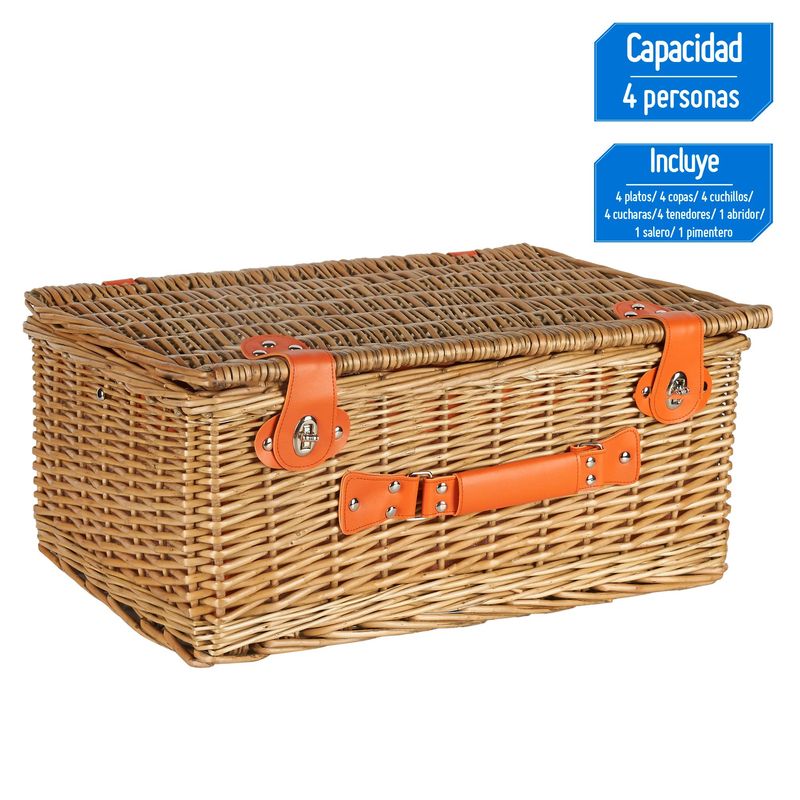 KLIMBER - Canasto picnic 4 personas Naranja y 23 piezas