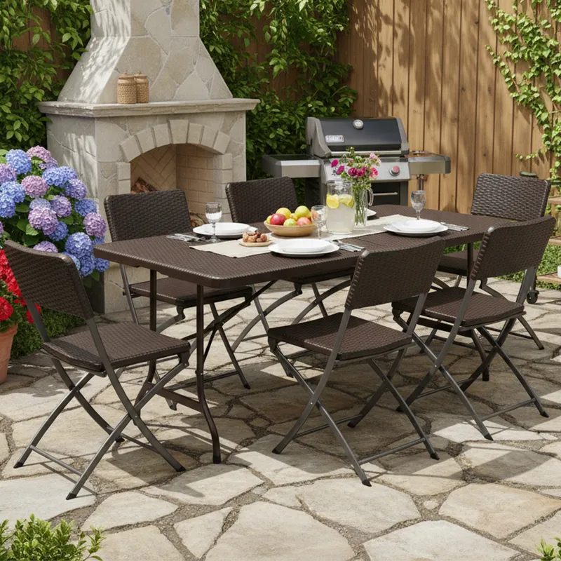  - Combo Mesa Plegable Rectangular + 06 Sillas Plegables Ratán