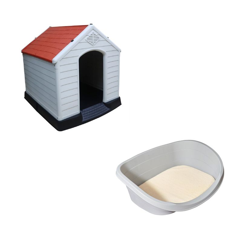 PETIZOOS - Arenero para gato Raza Grande Poliéster Gris 54.5x24.5x80cm + Casa para Perro 78.5x87.7x81.5cm