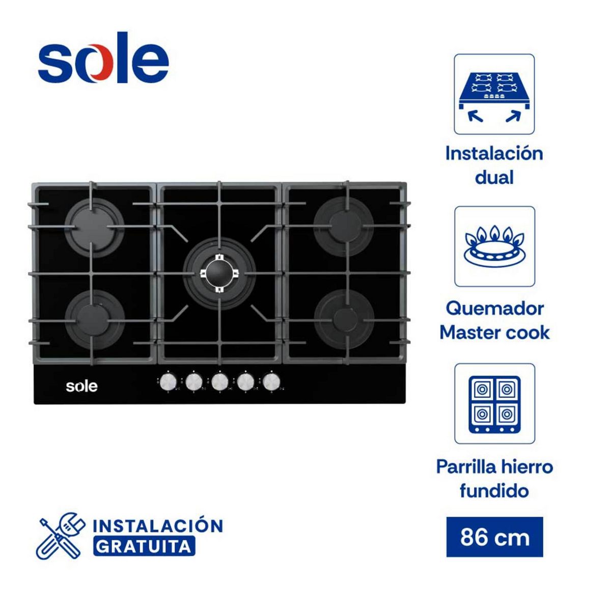 SOLE - Encimera Empotrable A Gas 5 Hornillas Sole Negro