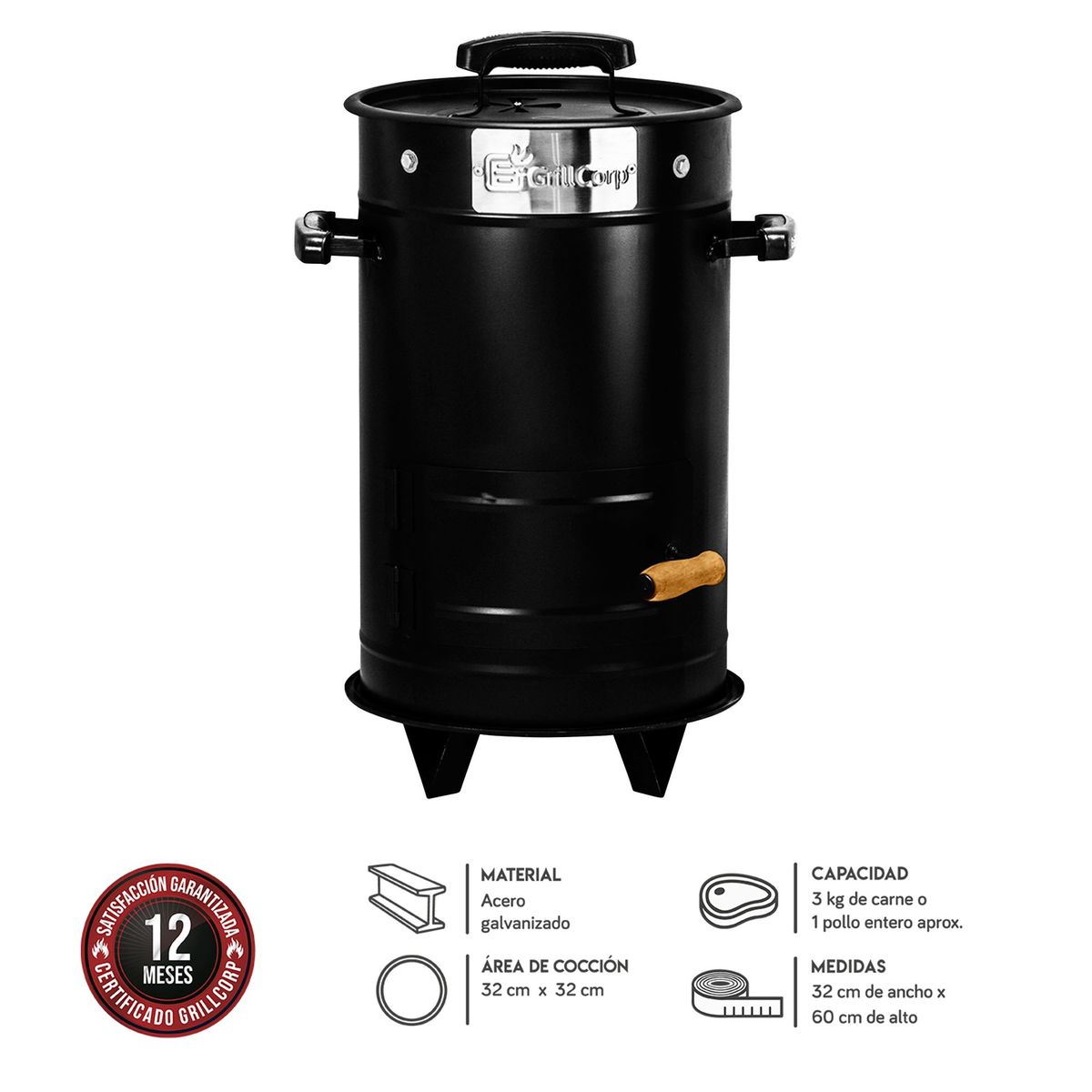 GRILLCORP - Mini Cilindro Ahumador Grillcorp a Carbón 32x60cm