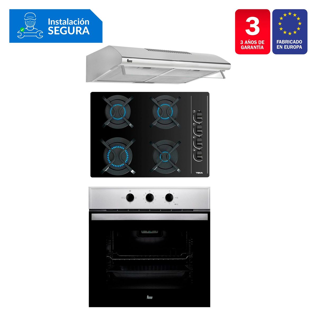 TEKA - Tricombo Teka Cocina Empotrable 4 Hornillas GBC 64003 KIB + Campana Lineal 60cm CL 610 C/F + Horno Eléctrico 76 Lt HBB 535
