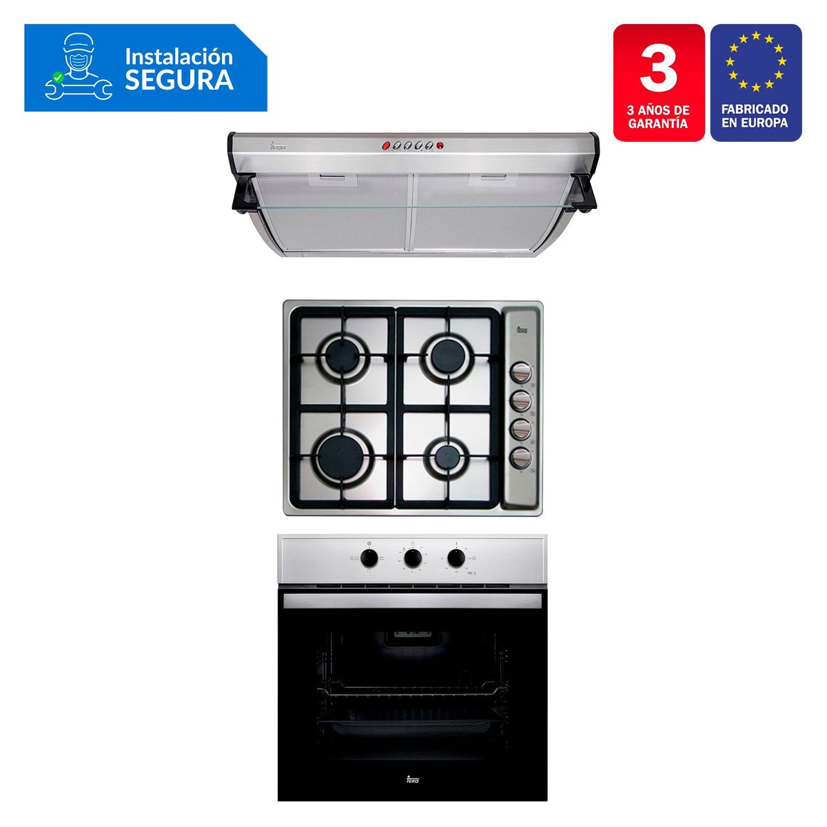 TEKA - Tricombo Teka Cocina Empotrable 4 Hornillas EP 60 4G + Campana Lineal 60cm C 6310 C/F + Horno Eléctrico 76 Lt HBB 535