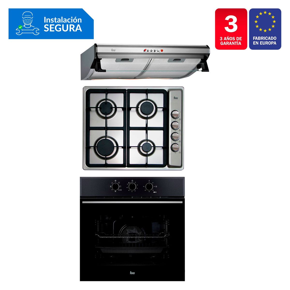 TEKA - Tricombo Teka Cocina Empotrable 4 Hornillas EP 60 4G + Campana Lineal 60cm C 6310 C/F + Horno Eléctrico 70 Lt HSB 610