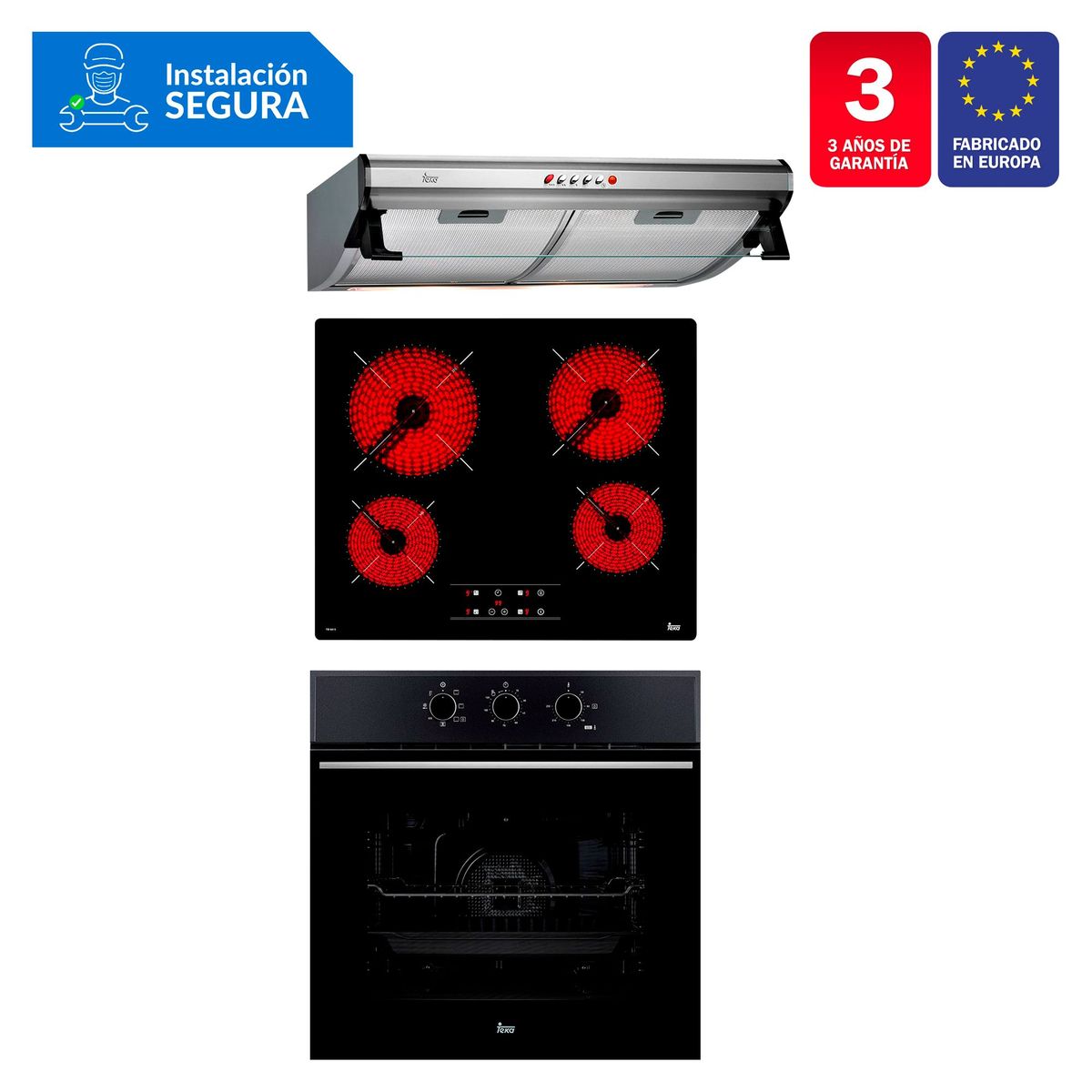 TEKA - Tricombo Campana Tradicional C 6310 C/F + Cocina Empotrable TB 6415 + Horno Eléctrico HSB 610