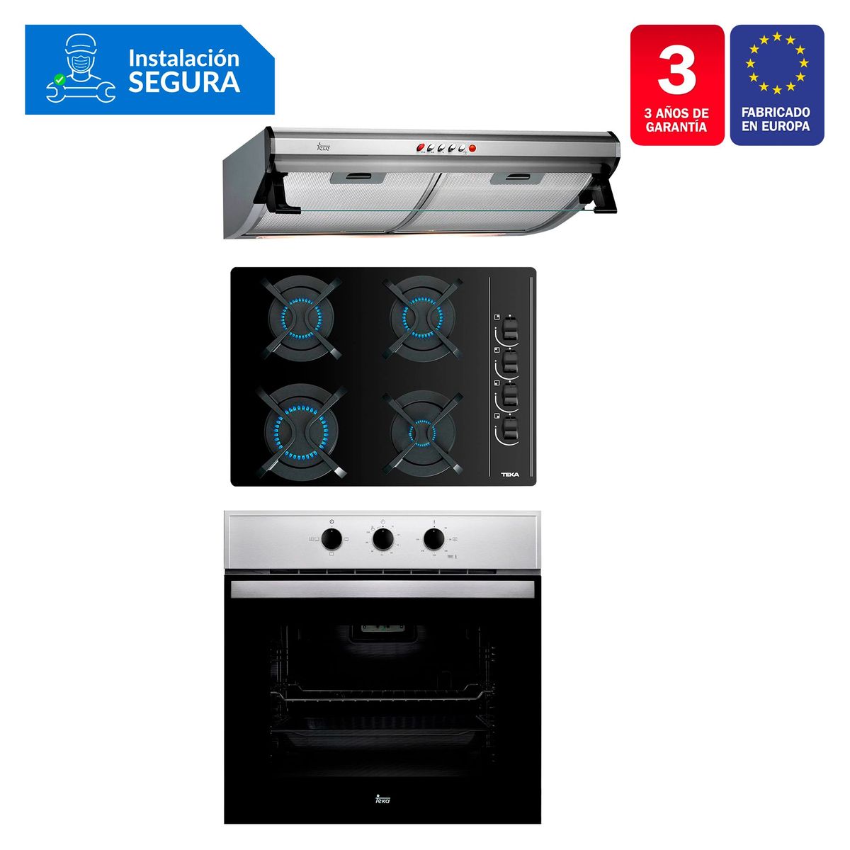 TEKA - Tricombo Teka Cocina Empotrable 4 Hornillas GBC 64003 KIB + Campana Lineal 60cm C 6310 C/F + Horno Eléctrico 76 Lt HBB 535