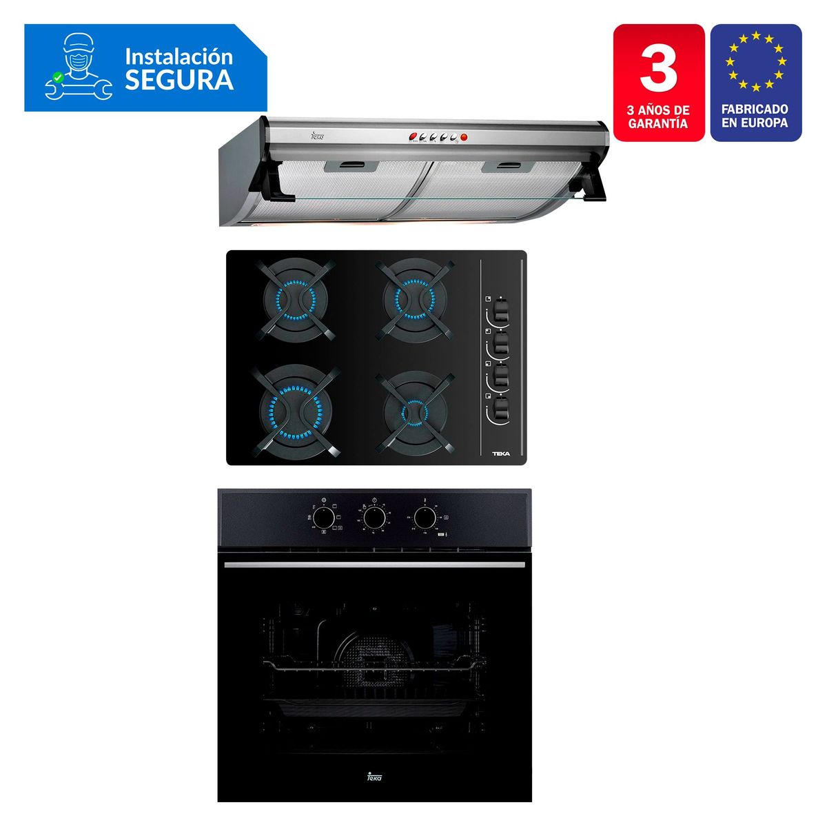 TEKA - Tricombo Teka Cocina Empotrable 4 Hornillas GBC 64003 KIB + Campana Lineal 60cm C 6310 C/F + Horno Eléctrico 70 Lt HSB 610