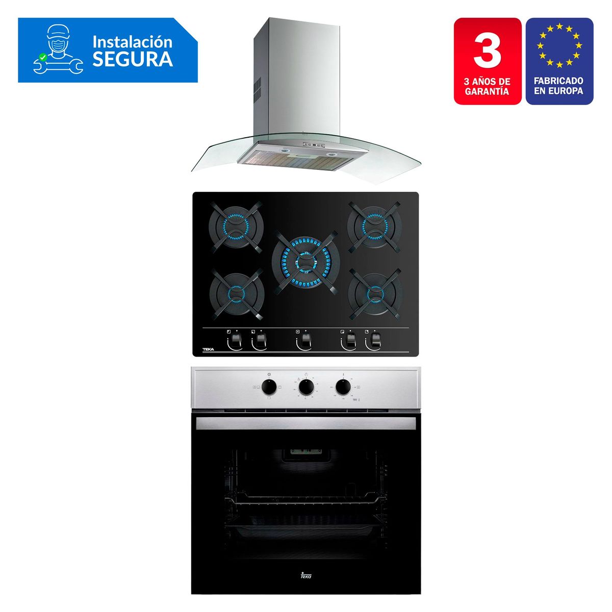 TEKA - Tricombo Campana Decorativa NC 980 C/F + Cocina Empotrable GBC 75030 KIN + Horno Eléctrico HBB 535