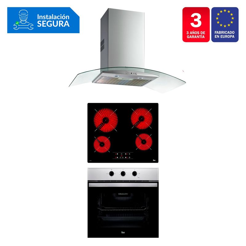 TEKA - Tricombo Teka Cocina Empotrable 4 Quemadores TB 6415 + Campana Decorativa 90cm NC 980 C/F + Horno Eléctrico 76 Lt HBB 535