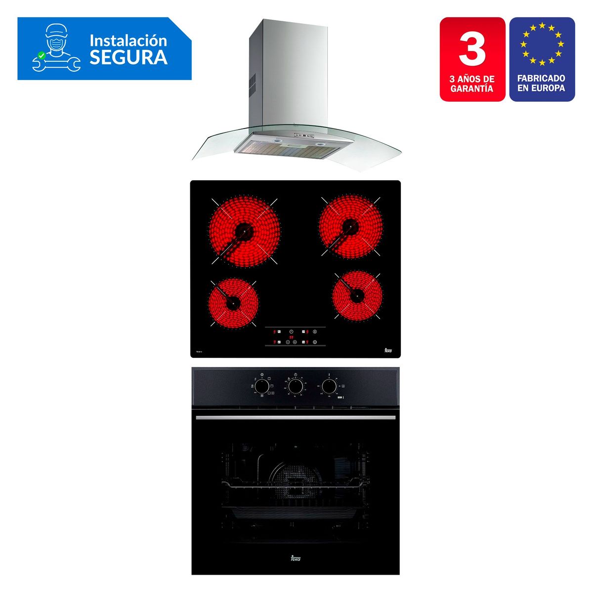 TEKA - Tricombo Teka Cocina Empotrable 4 Quemadores TB 6415 + Campana Decorativa 90cm NC 980 C/F + Horno Eléctrico 70 Lt HSB 610