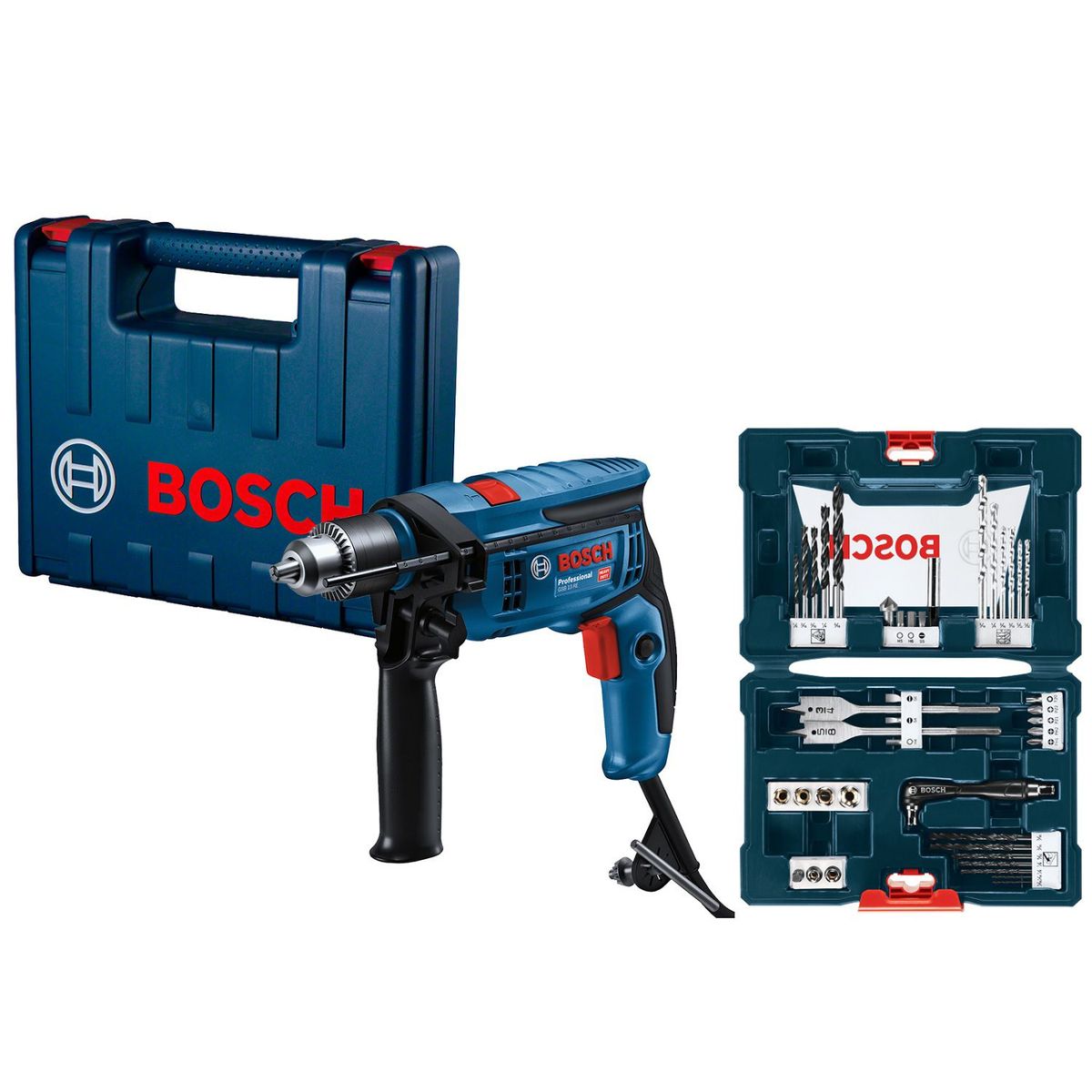 BOSCH - Taladro Percutor Eléctrico Bosch 1/2" 750W GSB 13 RE + Set de 41 Piezas Bosch + Maletín Bosch