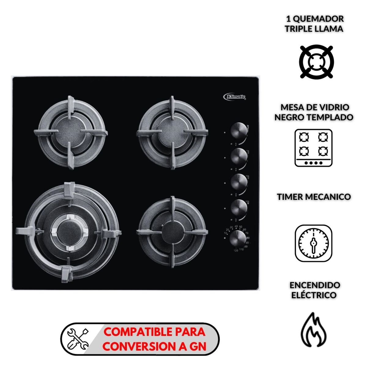 KLIMATIC - Tricombo Klimatic Cocina Empotrable 4 Hornillas Gia + Campana Decorativa 90cm Venezia + Horno Eléctrico 62 Lt Gamma B