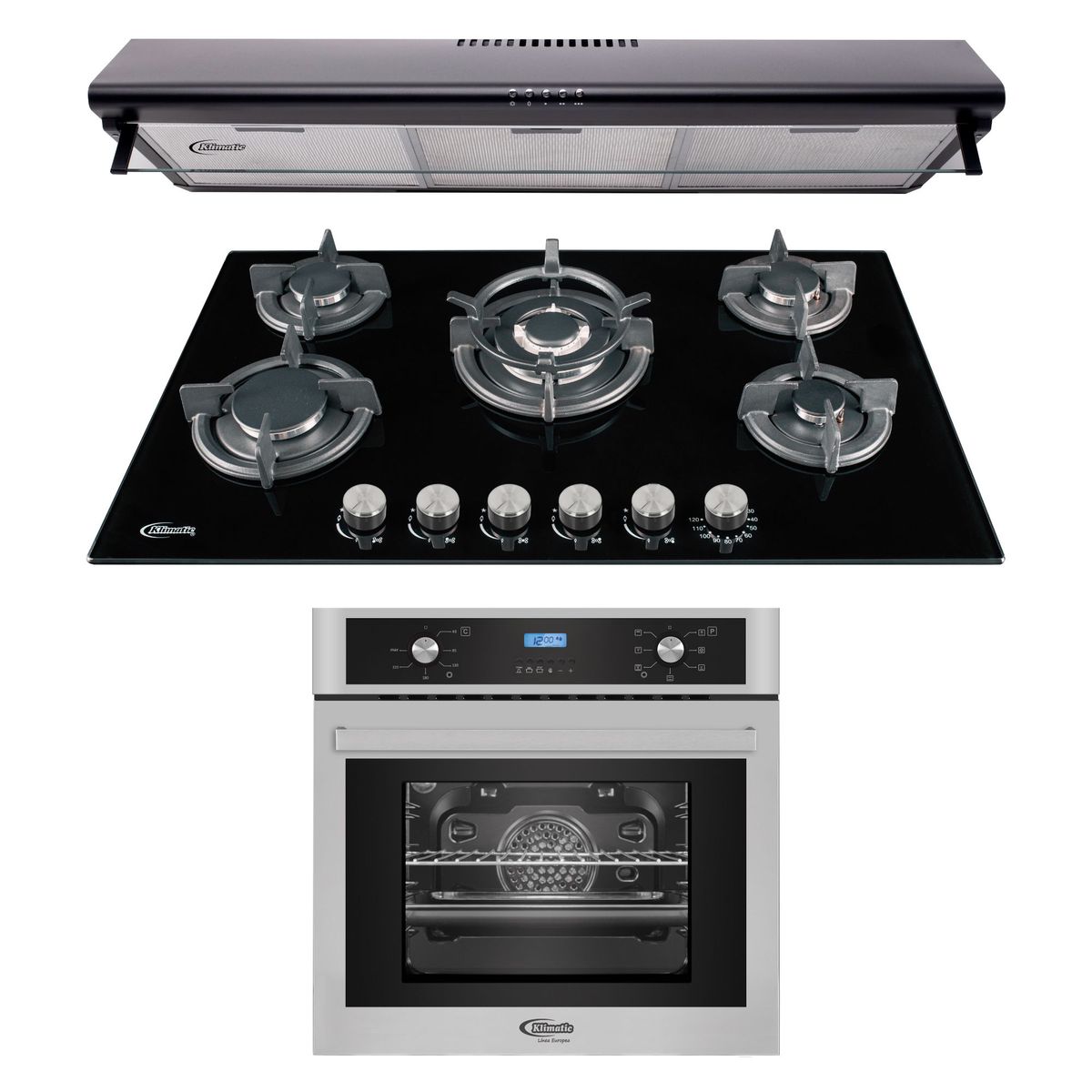 KLIMATIC - Tricombo Klimatic Cocina Empotrable 5 Hornillas Gina + Campana Decorativa 90cm CK 901 NE + Horno Eléctrico 62 Lt Gamma B